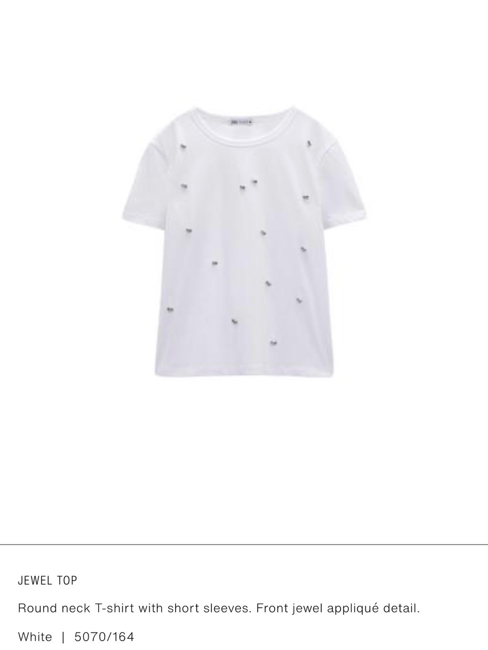 Zara White Jewel Embellished T-Shirt | Crystal Detail | Women’s Size S
